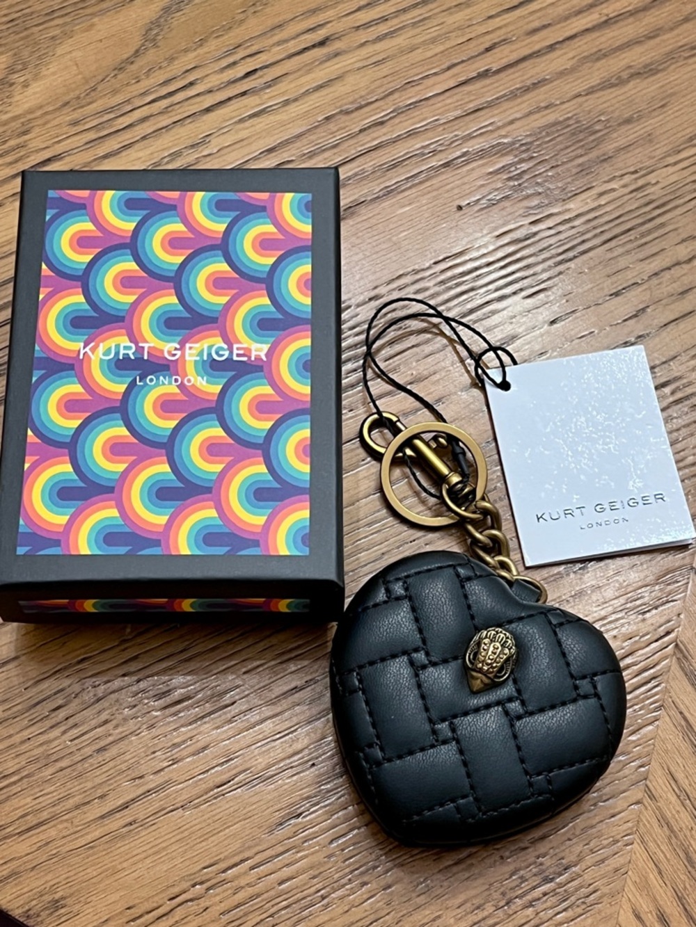 AUTHENTIC Kurt Geiger Black Quilted Heart Keyring and Mirror with Gold Hardware
